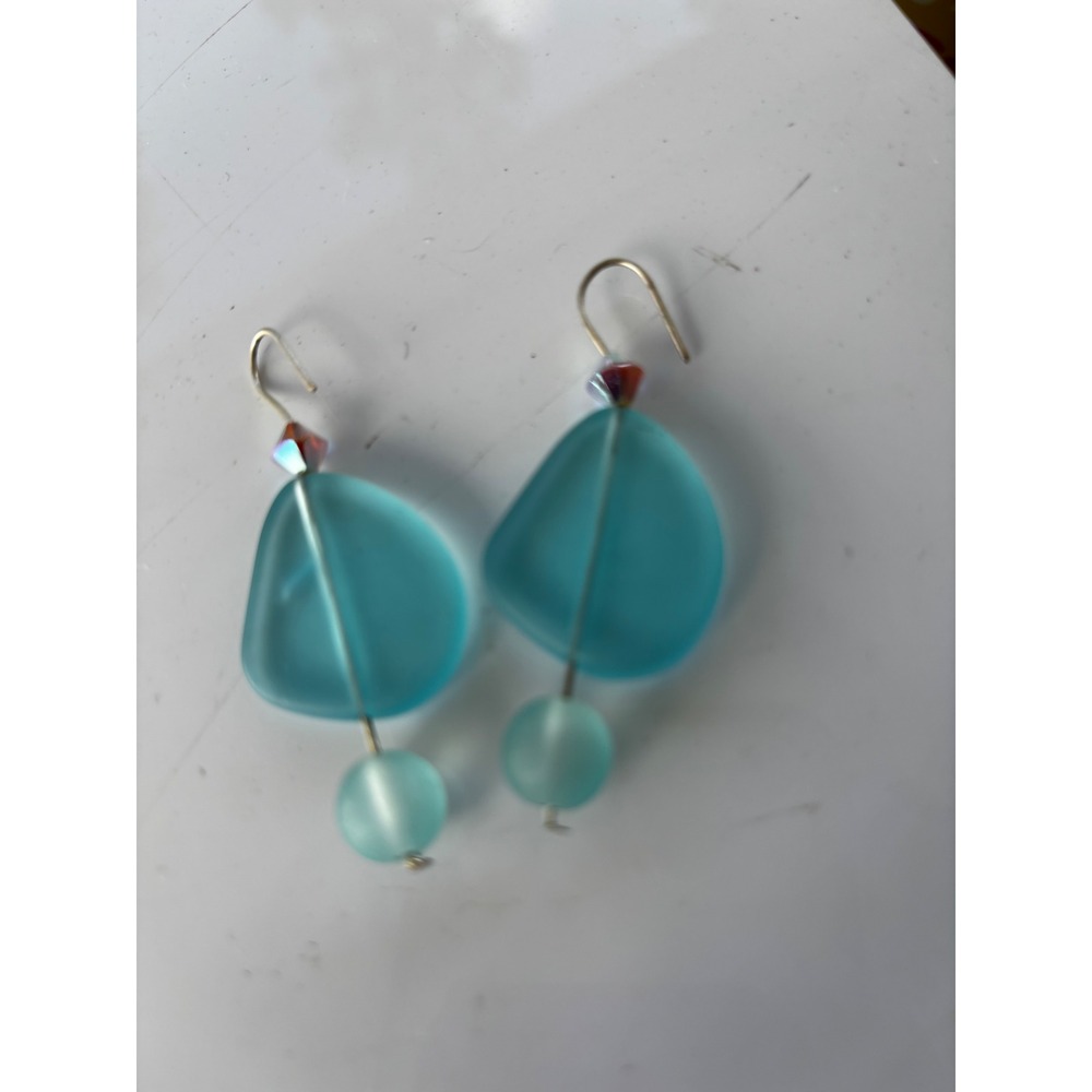 Vintage Sea Glass Drop Earrings Turquoise Blue Frosted Boho Coastal Beachy - Picture 2 of 3